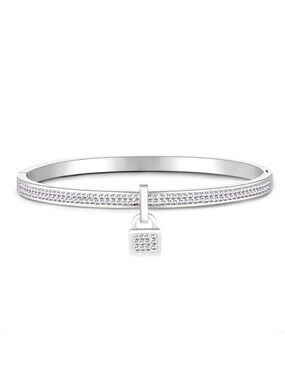 Swarovski Elements White Gold Tone Stainless Steel Lock Bangle Cuff Bracelet NEW